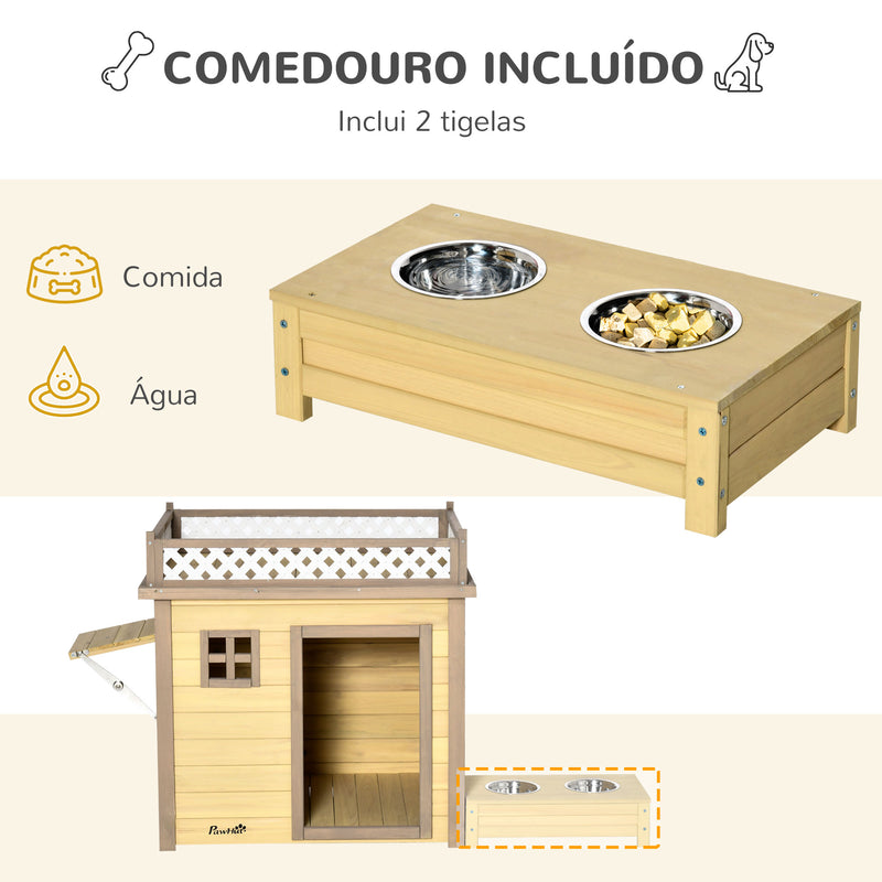 Casa para Cães de Madeira Casa para Cães Pequenos com 2 Janelas 2 Tigelas de Aço Inoxidável e Espaço de Cultivo para Interior e Exterior 105x65x80cm Natural