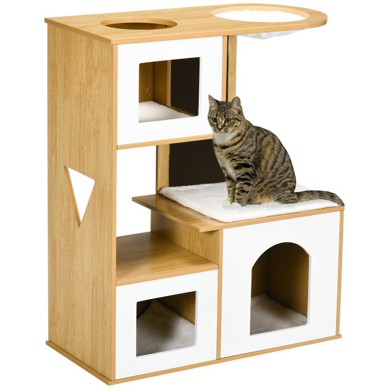 Casa para Gatos Altura 92,5cm Torre para Gatos com 3 Casas de Madeira Almofadas Laváveis Placa de Arranhar e Rede 76x37x92,5cm Carvalho