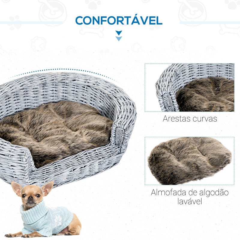 Cama para Cães de Vime Cama de Vime para Gatos Cães com Almofada Lavável 57x46x17,5cm Cinza