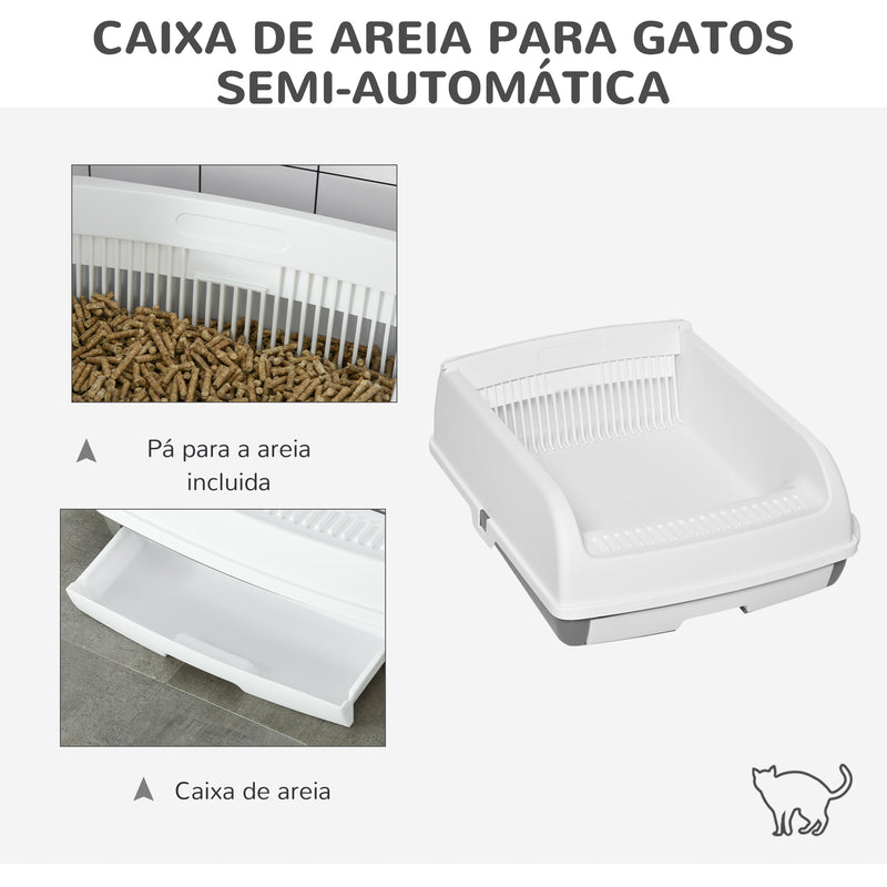 Caixa de Areia para Gatos Caixa de Areia Aberta Semi-Automática com Botão Ancinho Bandeja Removível e Borda Alta 62x46,5x19,5cm Branco