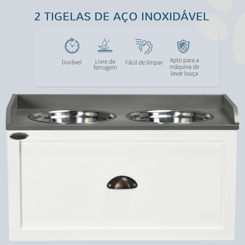 Comedouro Elevado para Cães Comedouro para Cães com 2 Tigelas 2000ml de Aço Inoxidável Gaveta Oculta com Suporte de Madeira para Animais de Estimação 60x30x36cm Branco