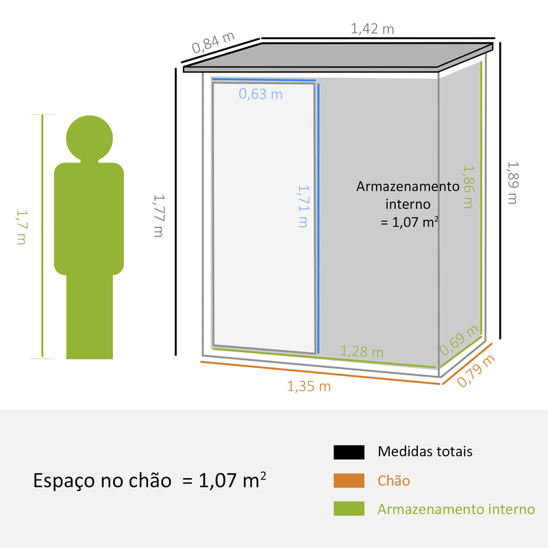 Abrigo de Jardim 1,07? 142x84x189 cm Abrigo de Armazenamento Galvanizado Abrigo de Ferramentas com Teto Inclinado e Porta para Varanda Exterior Verde Claro