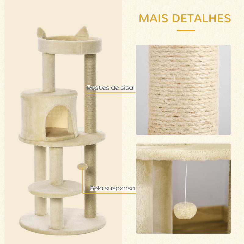 Árvore Arranhador para Gatos de 104 cm Arranhador para Gatos com Plataforma Caverna Postes de Sisal e Bola Suspensa 48x48x104 cm Bege