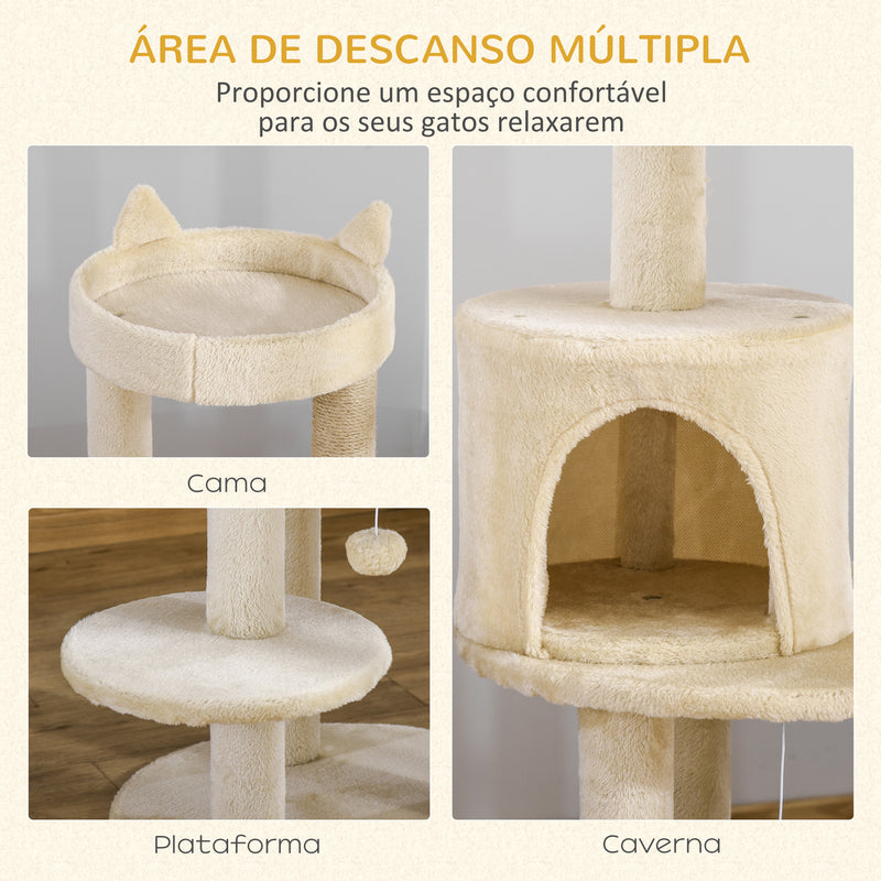 Árvore Arranhador para Gatos de 104 cm Arranhador para Gatos com Plataforma Caverna Postes de Sisal e Bola Suspensa 48x48x104 cm Bege