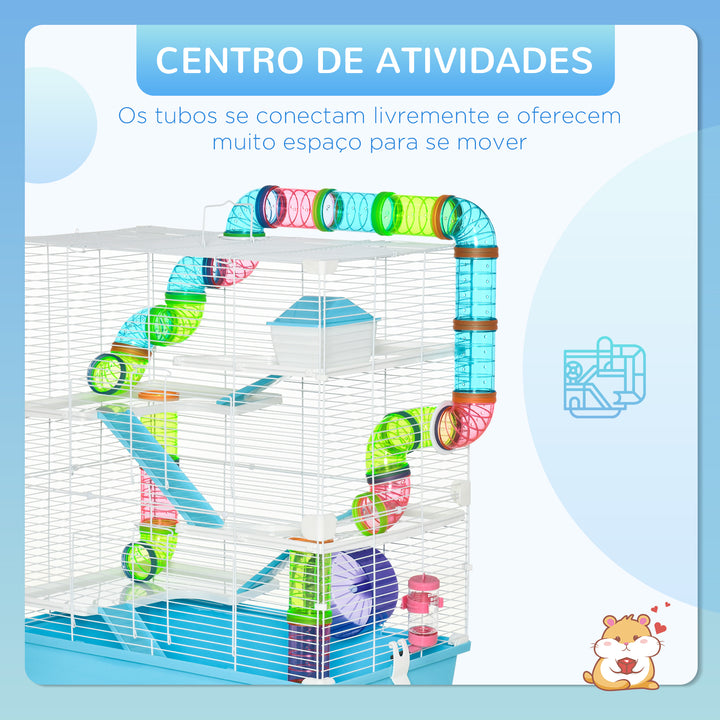 Gaiola para Hámster Grande 59x36x69cm Gaiola para Roedores com 4 Plataformas Tubos Comedouro Bebedouro 4 Rampas Roda de Exercícios e 2 Alças Portáteis Multicor