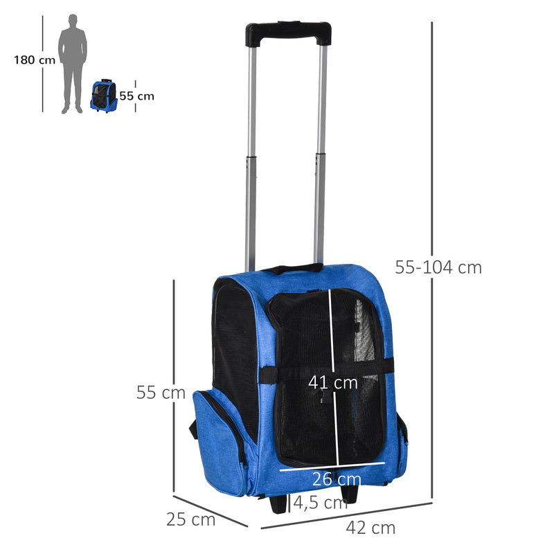 Transportadora para Animais de Estimação 2 em 1 Mochila de Viagem com 2 Rodas para Cães Gatos com Alça Retrátil de Alumínio e Bolso de Armazenamento 42x25x55cm Azul