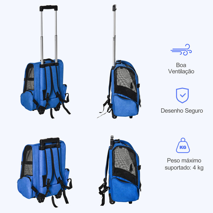 Transportadora para Animais de Estimação 2 em 1 Mochila de Viagem com 2 Rodas para Cães Gatos com Alça Retrátil de Alumínio e Bolso de Armazenamento 42x25x55cm Azul