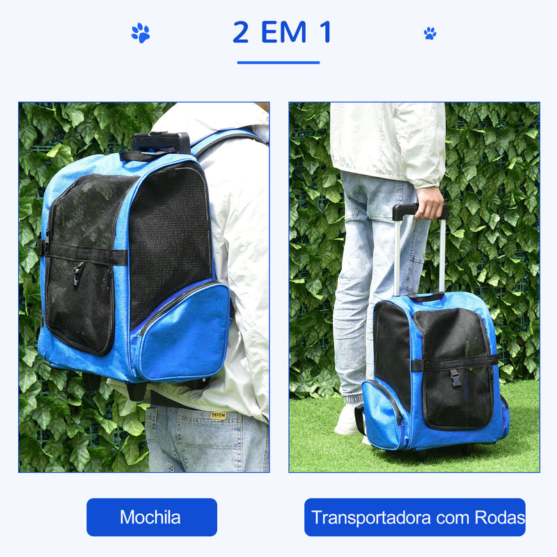 Transportadora para Animais de Estimação 2 em 1 Mochila de Viagem com 2 Rodas para Cães Gatos com Alça Retrátil de Alumínio e Bolso de Armazenamento 42x25x55cm Azul