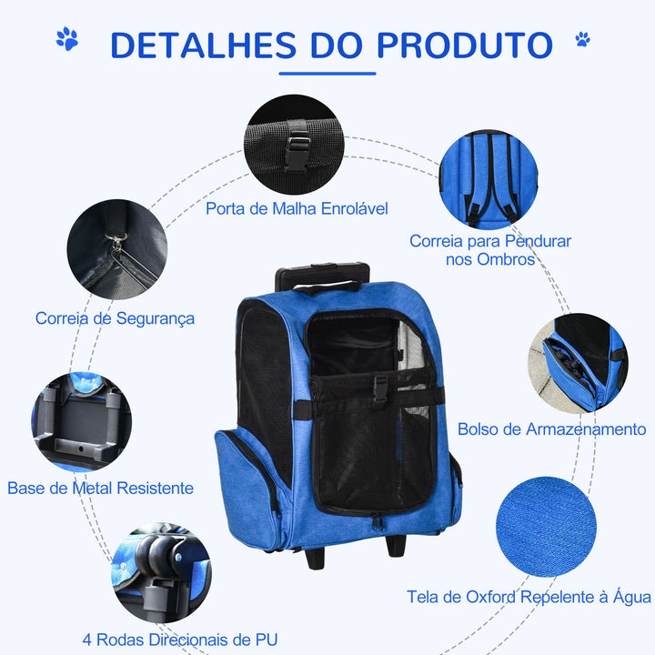 Transportadora para Animais de Estimação 2 em 1 Mochila de Viagem com 2 Rodas para Cães Gatos com Alça Retrátil de Alumínio e Bolso de Armazenamento 42x25x55cm Azul