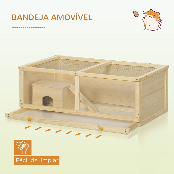 Gaiola para Hamster de Madeira 100x58x38cm Casa para Roedores com Tampa Abatível Painel de Acrílico Bandeja Amovível e Casa para Coelhos Chinchilas Madeira