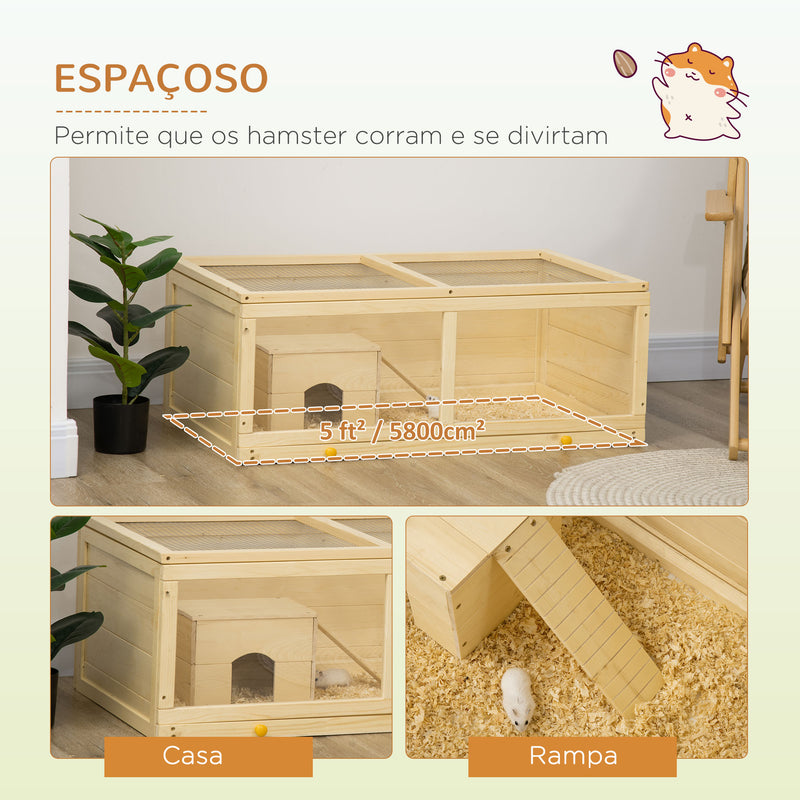 Gaiola para Hamster de Madeira 100x58x38cm Casa para Roedores com Tampa Abatível Painel de Acrílico Bandeja Amovível e Casa para Coelhos Chinchilas Madeira