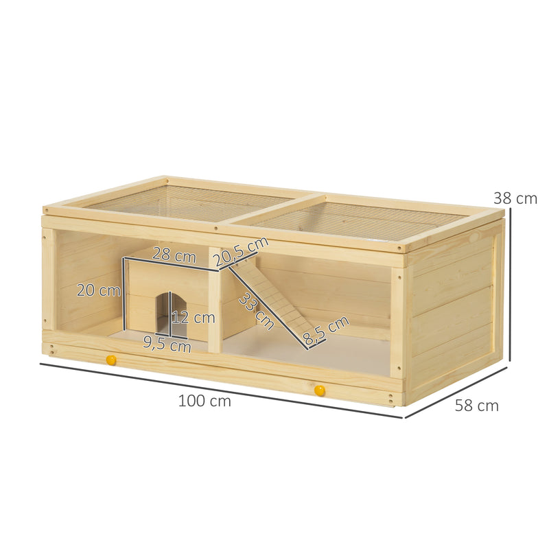 Gaiola para Hamster de Madeira 100x58x38cm Casa para Roedores com Tampa Abatível Painel de Acrílico Bandeja Amovível e Casa para Coelhos Chinchilas Madeira