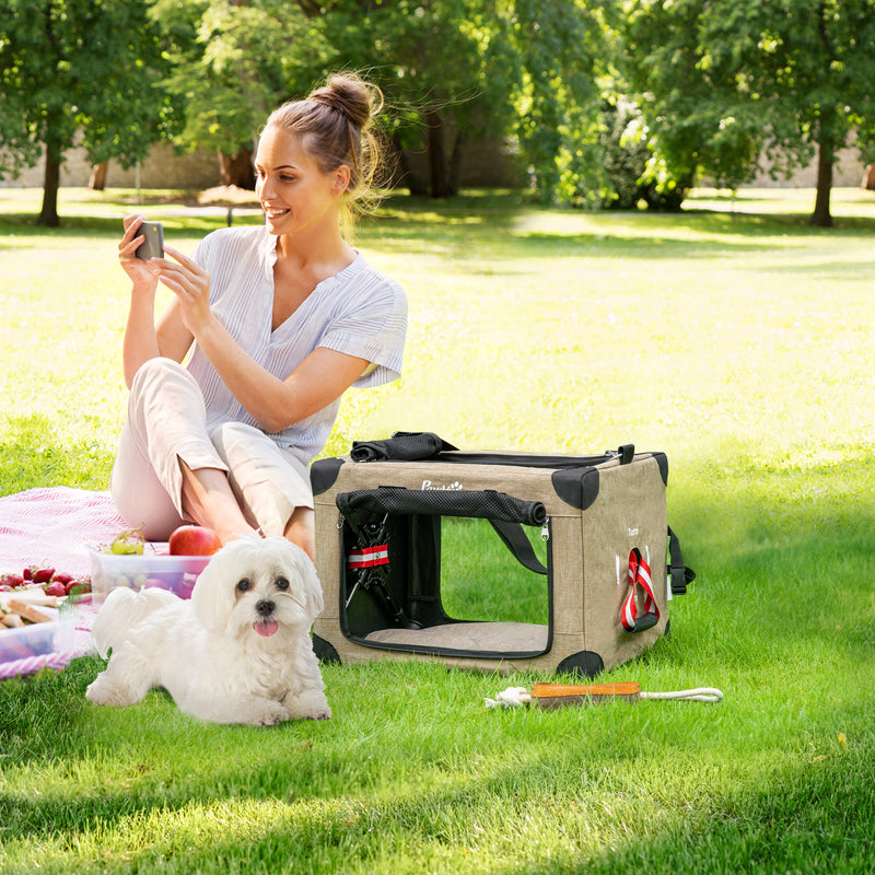 Mochila Transportadora para Cães e Gatos Pequenos Bolsa de Transporte para Animais de Estimação Dobrável com Almofada Removível e Correia de Transporte Ajustável para Viagem 48,5x33,5x33cm Cáqui e Preto