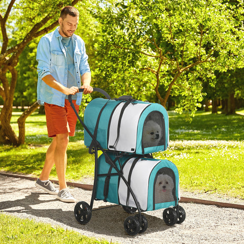 Carrinho Duplo para Cães Gatos Carrinho Dobrável para Animais de Estimação com 2 Transportadoras Portáteis Cinto de Segurança Bolsos Laterais e 2 Almofadas 66x50x98 cm Turquesa e Cinza