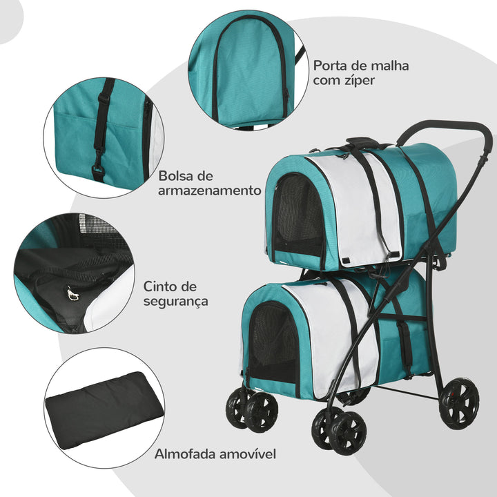 Carrinho Duplo para Cães Gatos Carrinho Dobrável para Animais de Estimação com 2 Transportadoras Portáteis Cinto de Segurança Bolsos Laterais e 2 Almofadas 66x50x98 cm Turquesa e Cinza