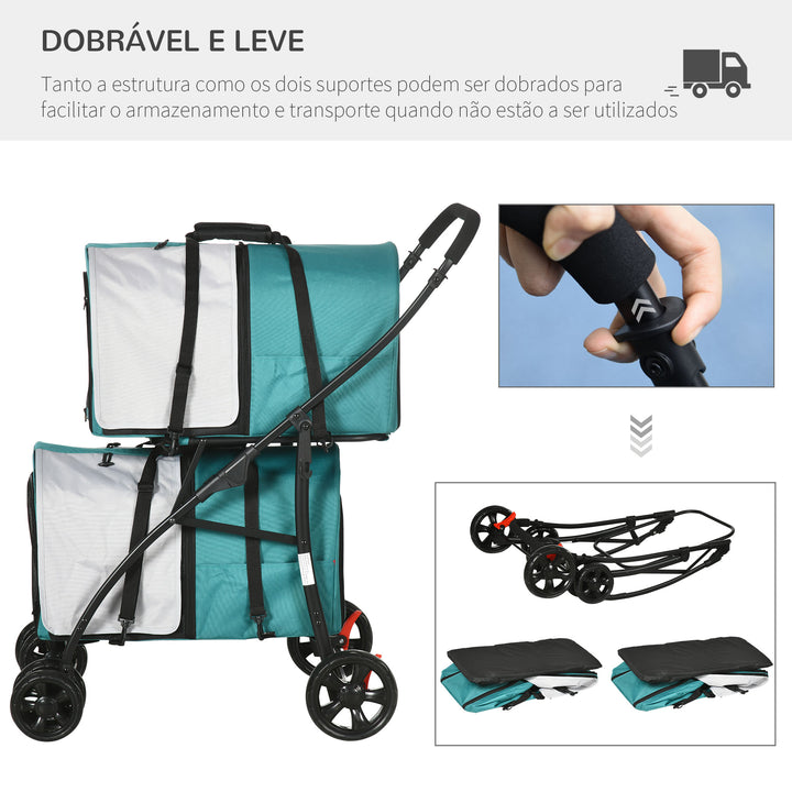 Carrinho Duplo para Cães Gatos Carrinho Dobrável para Animais de Estimação com 2 Transportadoras Portáteis Cinto de Segurança Bolsos Laterais e 2 Almofadas 66x50x98 cm Turquesa e Cinza