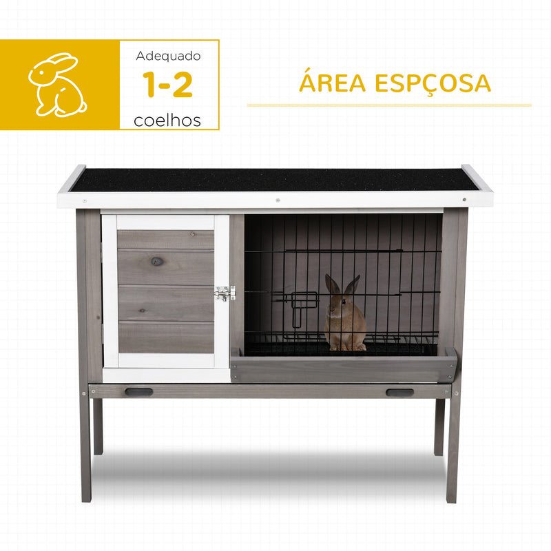 Coelheira de Madeira Exterior Gaiola Elevada para Coelhos Cobaias Animais Pequenos com Teto Asfáltico Abatível Comedouro Bandejas Removíveis e 2 Portas 91x46x71cm Cinza