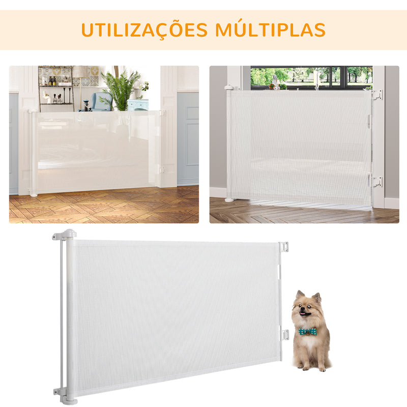 Barreira de Segurança para Cães Extensível 0-150cm Porta de Proteção Retrátil para Animais de Estimação Barreira para Escadas e Corredores Liga de Alumínio 165x10,7x85cm Branco