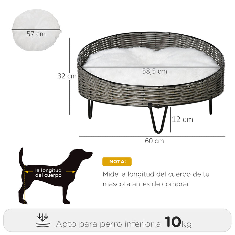 Cama para Cães Gatos de Vime Redonda Cama de Vime para Animais de Estimação Pequenos com Almofada Lavável e Pés Elevados Aço Ø60x32cm Cinza Branco