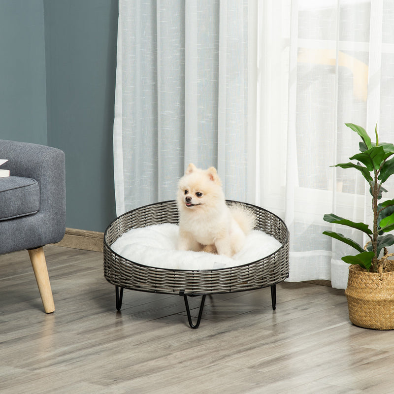 Cama para Cães Gatos de Vime Redonda Cama de Vime para Animais de Estimação Pequenos com Almofada Lavável e Pés Elevados Aço Ø60x32cm Cinza Branco