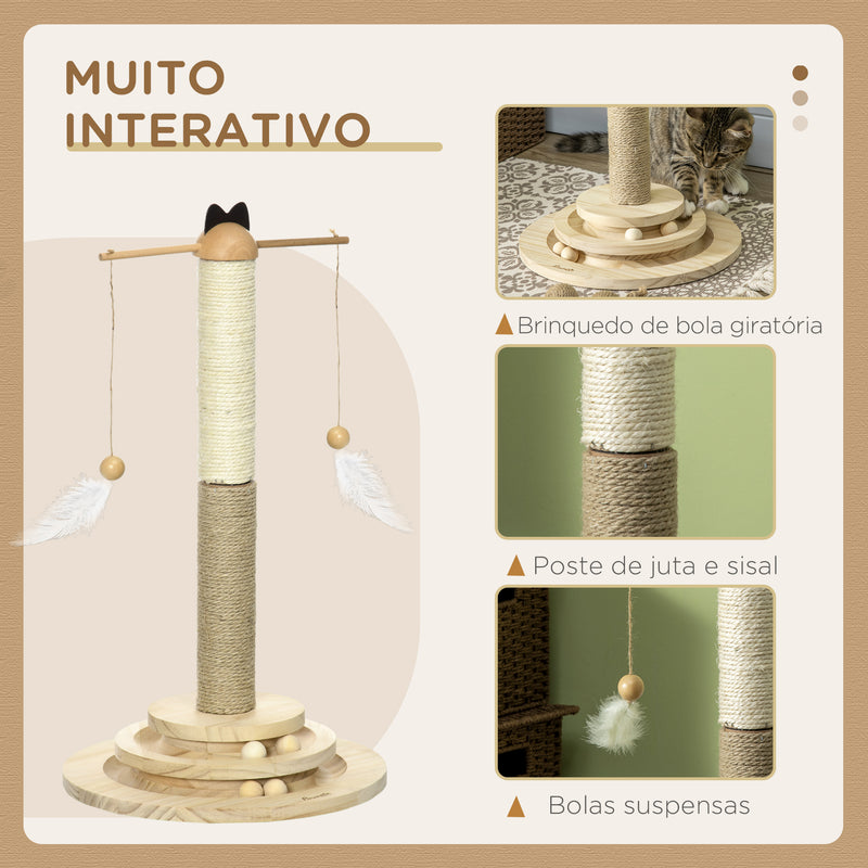 Árvore Arranhador para Gatos de Madeira Altura 56cm Torre para Gatos Centro de Atividades com Poste de Juta e Sisal Bolas para Brincar Ø32x56 cm Madeira