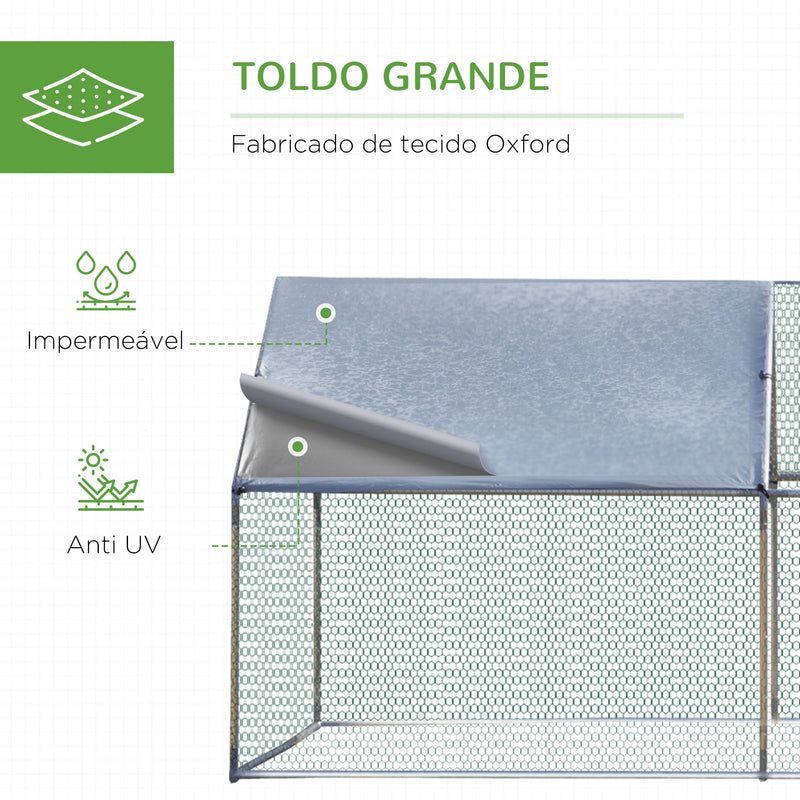 Galinheiro de Exterior Grande 3,03x6x1,95m Gaiola de Metal Galvanizado para Galinhas Coelhos Aves com Fechadura e Cobertura de Tecido de Oxford Prata