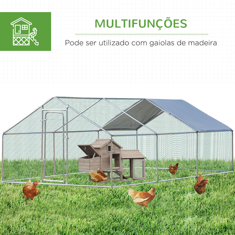 Galinheiro de Exterior Grande 3,03x6x1,95m Gaiola de Metal Galvanizado para Galinhas Coelhos Aves com Fechadura e Cobertura de Tecido de Oxford Prata