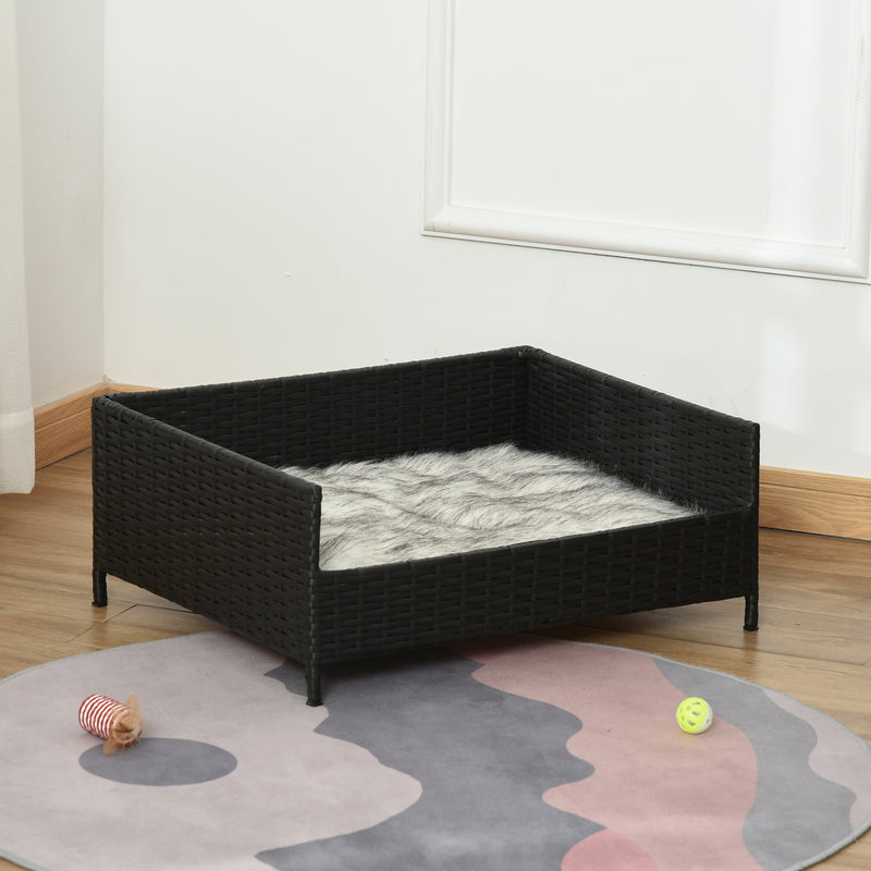 Sofá Cama para Cães de Vime Cama Elevada para Gatos Retangular com Almofada Suave e Lavável para Interior e Exterior 61x46x24,5cm Preto