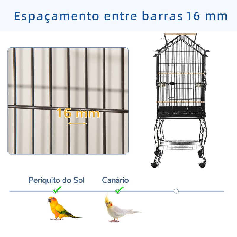 Gaiola para Pássaros com Suporte Rodas Bandeja Amovível 2 Comedouros e Prateleira Inferior de Metal para Canários Periquitos Tentilhões 50x58x145 cm Preto