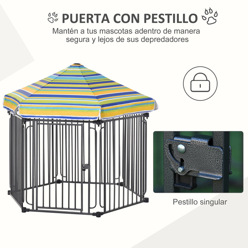 Parque para Animais de Estimação com 6 Barreiras de Metal 61x76cm Canil Desmontável para Cães com Teto Hexagonal e Porta com Fechadura de Segurança 122x105x119cm Preto e Colorido