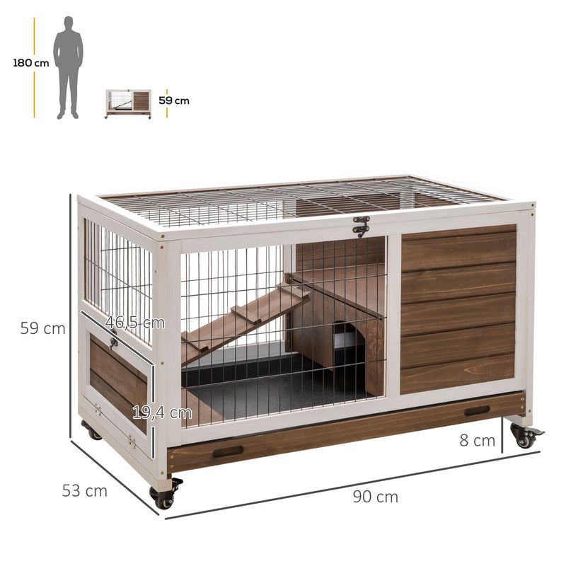 Coelheira de Madeira Gaiola de para Pequenos Animais Portátil com Teto Abatível Rampa Bandeja Removível para Coelhos da Índia 90x53x59cm Marrom