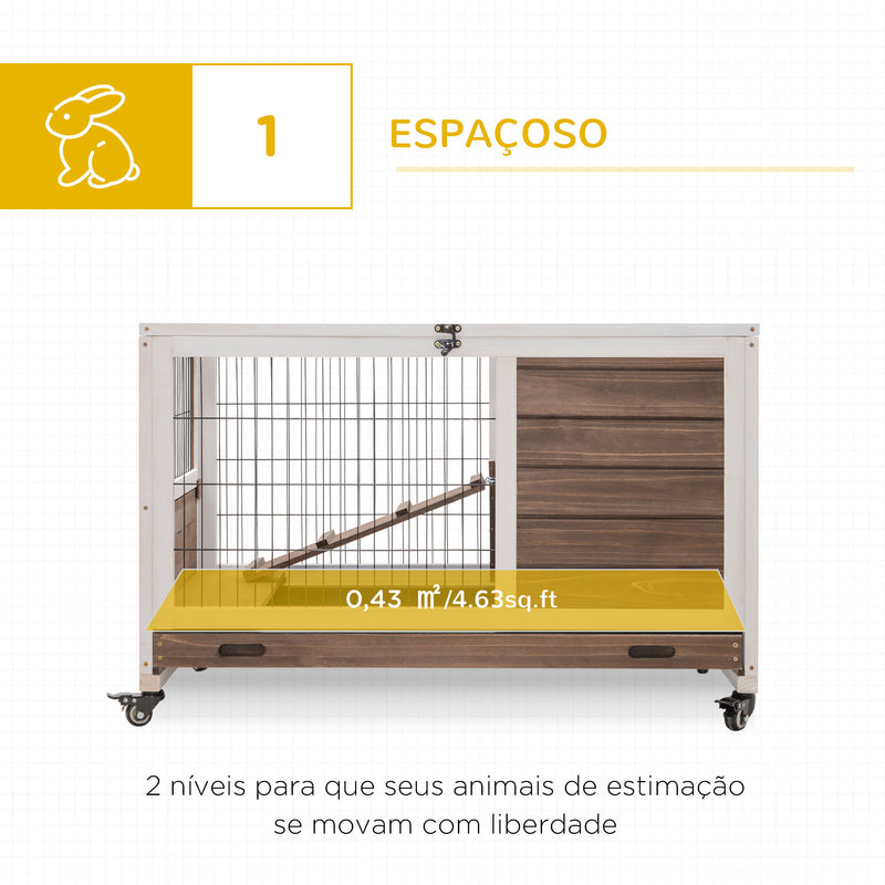 Coelheira de Madeira Gaiola de para Pequenos Animais Portátil com Teto Abatível Rampa Bandeja Removível para Coelhos da Índia 90x53x59cm Marrom