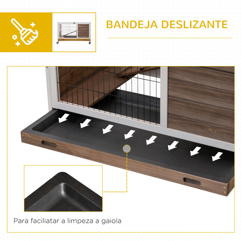 Coelheira de Madeira Gaiola de para Pequenos Animais Portátil com Teto Abatível Rampa Bandeja Removível para Coelhos da Índia 90x53x59cm Marrom