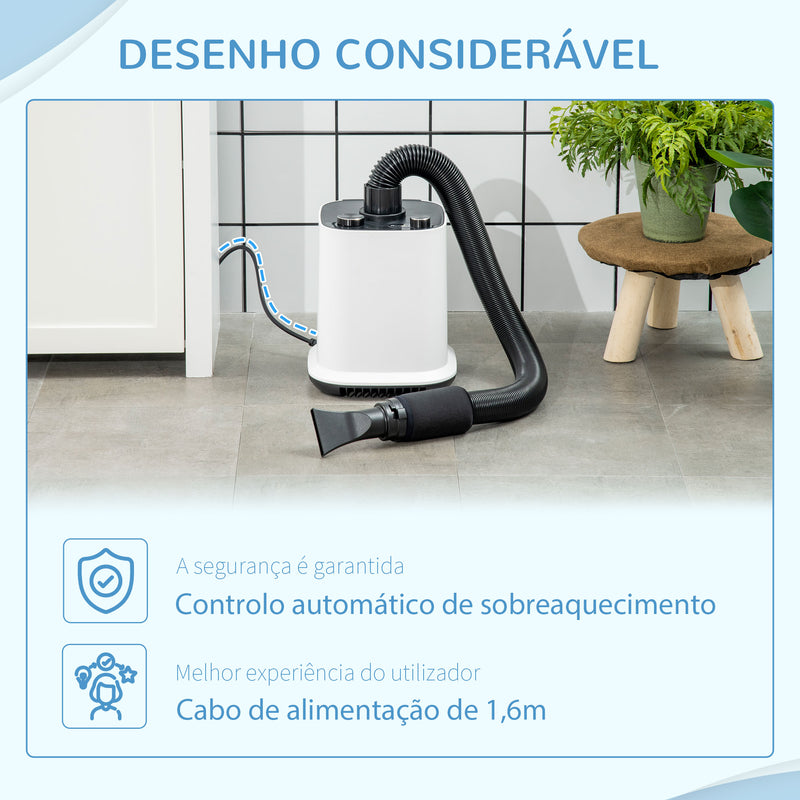 Secador de Pelo para Cães 2000W Secador para Animais de Estimação com Temperatura Ajustável Velocidade Continua Mangueira 1,2m 4 Bicos 23x23x26,5cm Branco e Preto