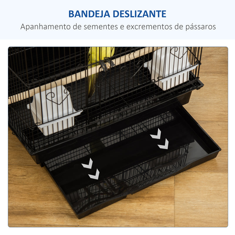 Gaiola para Passáros Gaiola de Metal com Múltiplas Portas 4 Comedouros 3 Poleiros Baloiço Escadas e Bandeja Removível para Periquitos Canários 46x36x100cm Preto