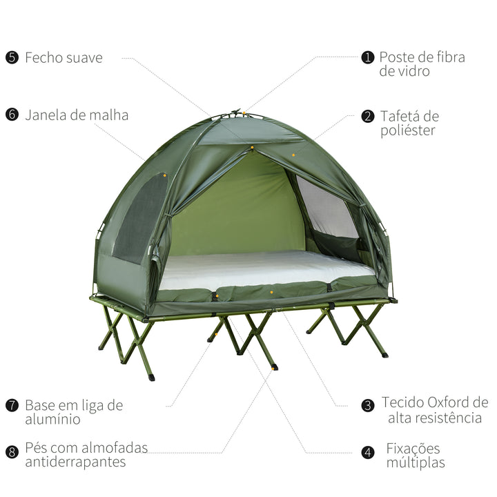 Cama Dupla de Campismo Dobrável com Tenda 2 em 1 Cama de Campismo Elevada com Colchão Inflável e Bolsa de Transporte Tecido Oxford Aço 193x145x180cm Verde