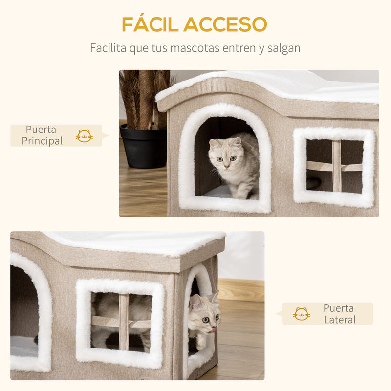 Casa Dobrável para Gatos Caverna para Gatos Grande com Tampa Removível Almofadas 2 Entradas e Janela 63,5x37x40cm Bege