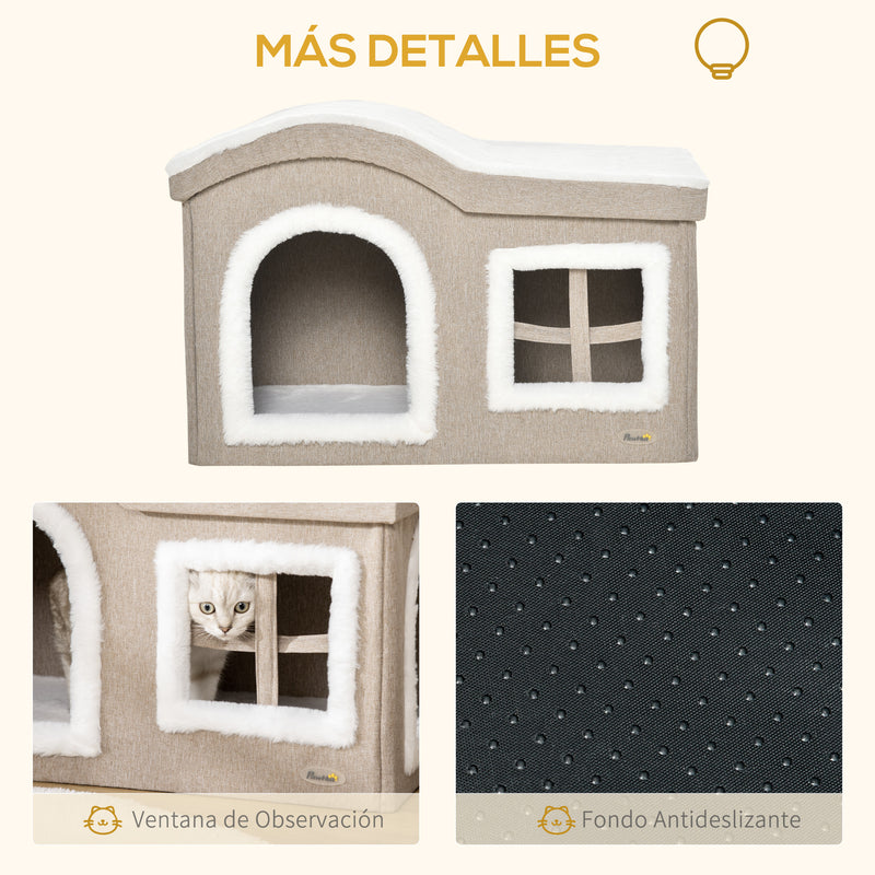 Casa Dobrável para Gatos Caverna para Gatos Grande com Tampa Removível Almofadas 2 Entradas e Janela 63,5x37x40cm Bege