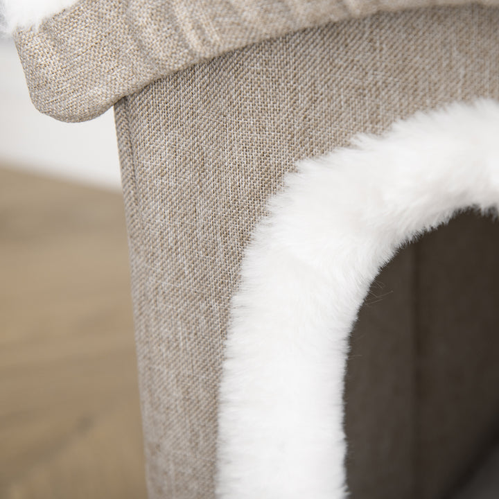 Casa Dobrável para Gatos Caverna para Gatos Grande com Tampa Removível Almofadas 2 Entradas e Janela 63,5x37x40cm Bege