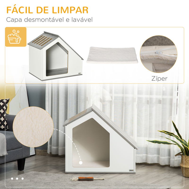 Casa de Madeira para Cães de Interior Casa para Animais de Estimação com Almofada Removível e Lavável com 5 Ventilações 84,5x54,5x75 cm Branco