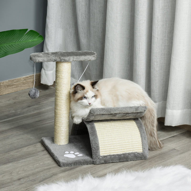 Árvore Arranhador para Gatos Pequena 43 cm Torre para Gatos com Poste Giratório Bolas Suspensas Plataforma Curva e Esconderijo 40x30x43 cm Cinza