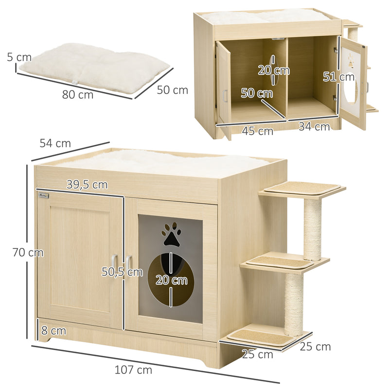 Caixa de Areia para Gatos de Madeira com 2 Portas Móvel para Caixa de Areia com Cama Almofada Suave 3 Plataformas e Postes de Sisal 107x54x70cm Carvalho