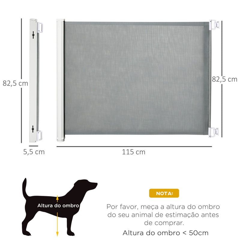 Barreira de Segurança para Cães e Crianças Extensível Grade Retrátil para Animais de Estimação com Extensão Aço e Tecido de Textilene para Escadas e Portas 5,5-115x5,5x82,5cm Cinza