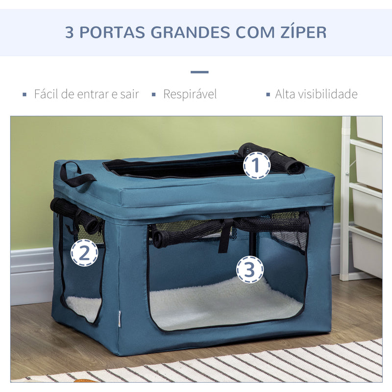 Transportadora para Cães e Gatos Bolsa Portátil e Dobrável para Animais de Estimação Transportadora com 3 Portas e Almofada Suave 60x42x42 cm Azul