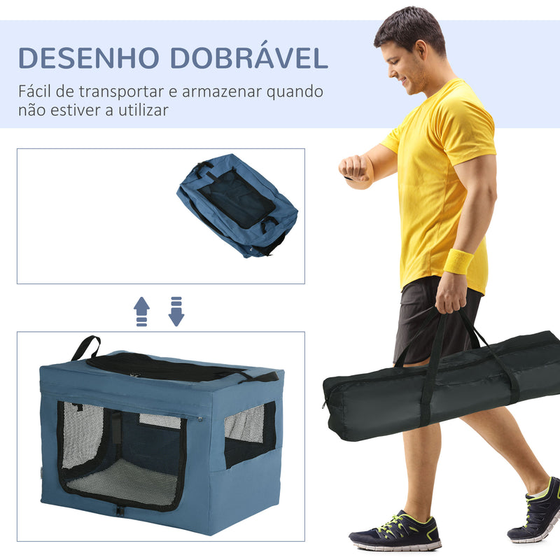 Transportadora para Cães e Gatos Bolsa Portátil e Dobrável para Animais de Estimação Transportadora com 3 Portas e Almofada Suave 60x42x42 cm Azul