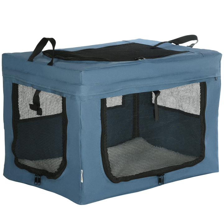Transportadora para Cães e Gatos Bolsa Portátil e Dobrável para Animais de Estimação Transportadora com 3 Portas e Almofada Suave 60x42x42 cm Azul