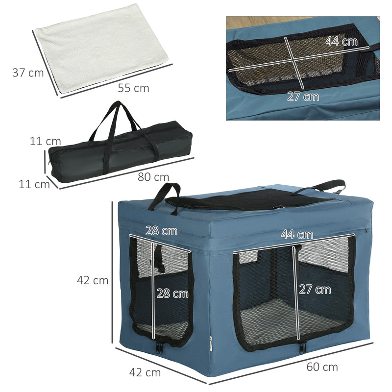 Transportadora para Cães e Gatos Bolsa Portátil e Dobrável para Animais de Estimação Transportadora com 3 Portas e Almofada Suave 60x42x42 cm Azul