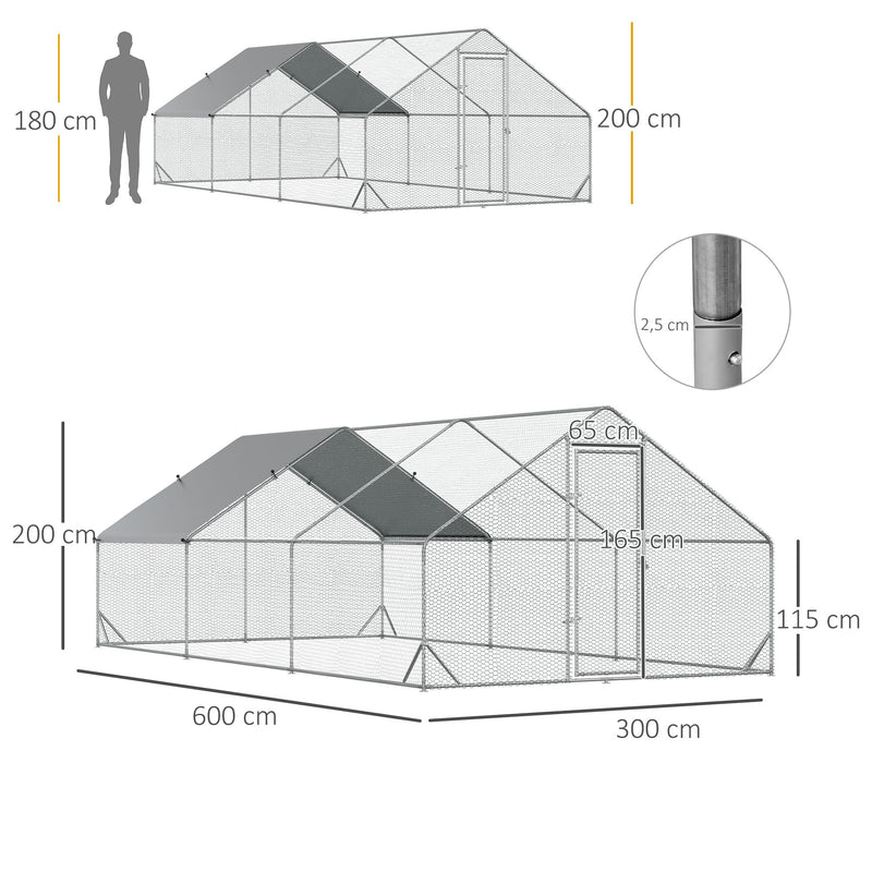 Galinheiro de Exterior Grande 3x6x2m Gaiola para 12-18 Galinhas de Aço Galvanizado com Teto de PE e Fechadura para Coelhos Prata