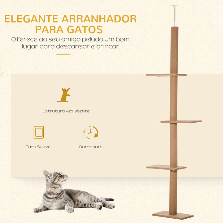 Arranhador para Gatos de Chão ao Teto 43x27x228-260 cm Torre para Gatos com Altura Ajustável 4 Plataformas e Poste de Sisal Marrom Claro