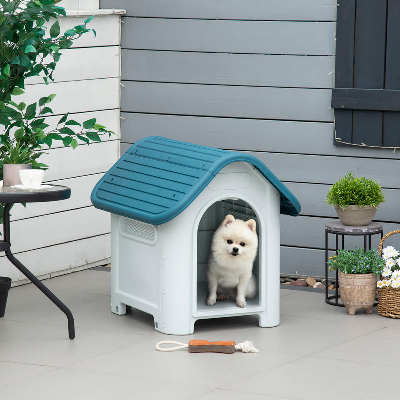 Casa para cães pequenos com respiradouros resistente para uso interno e externo 59x75x66 cm Azul e cinza